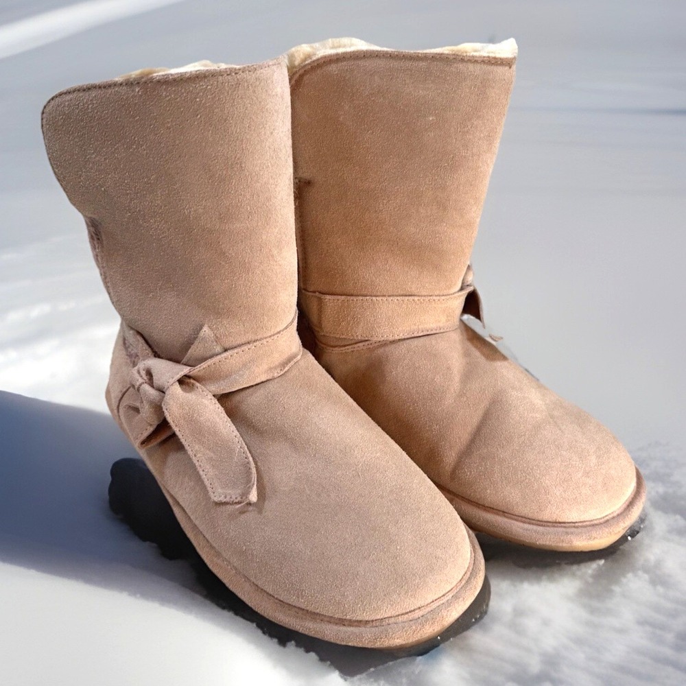 Bearpaw Geneva Winter Boots Womens 11 Suede‎ Sheepskin Pink Blush Bow